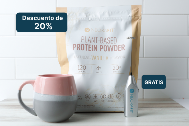 Image showing bag of protein powder next to a coffee mug and a drink frother 